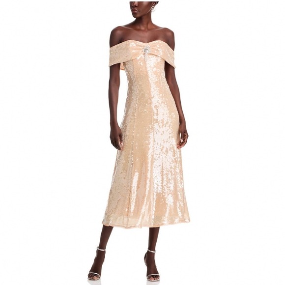 Self-Portrait Dresses & Skirts - Self-Portrait‎ Gold Sequin Off-the-Shoulder Midi Dress Diamante Brooch Size 10